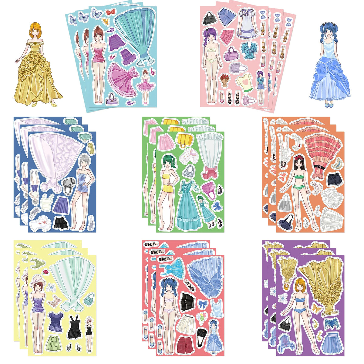 A collection of colorful puzzle stickers featuring princess costumes, dresses, and accessories for creative dress-up play.