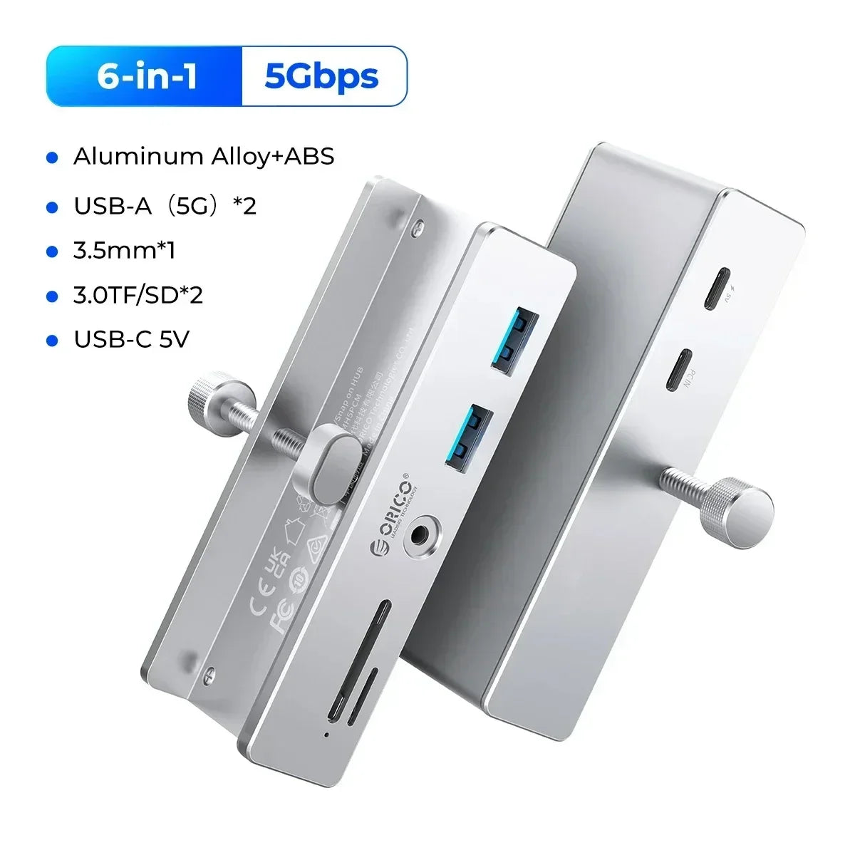 Aluminum USB 3.0 Hub with Clamp Mount for Desktops and Laptops