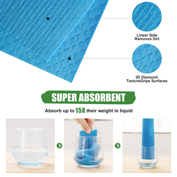 Primer plano de paños de celulosa azules mostrando textura, agarre y superficie absorbente al usar líquido.