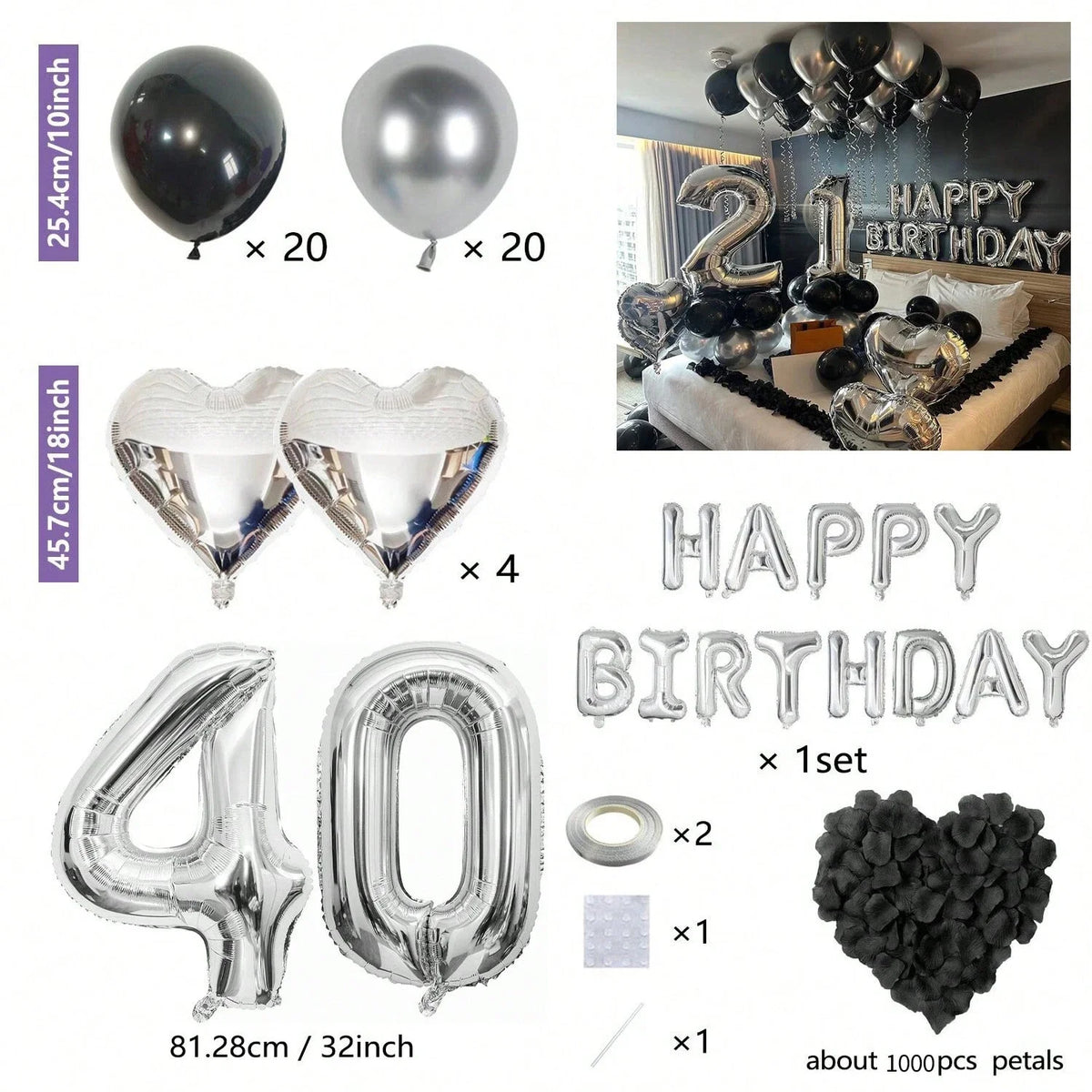 Set Partyballonsdekoration mit silbernen und schwarzen Ballons, Herz- und Zahlenballons
