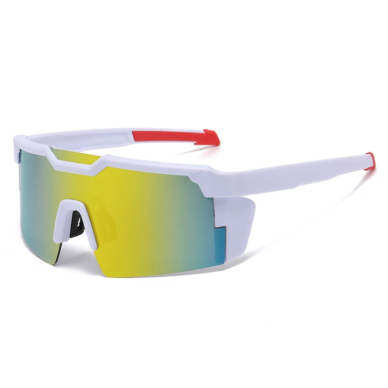 White sports sunglasses with polarized lenses featuring a gradient yellow to green color and red accents.