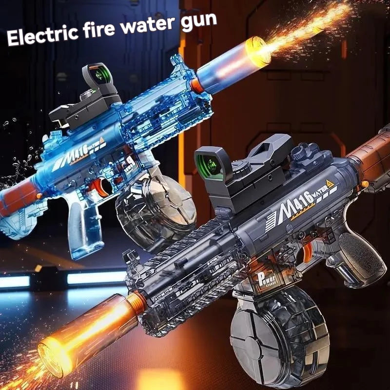 A close-up of an electric fire water gun replica with a continuous stream of water firing from the barrel.