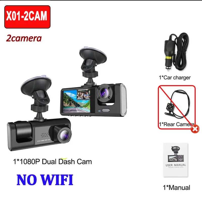 3-Lens WiFi Dash Cam with Front, Interior & Rear Cameras