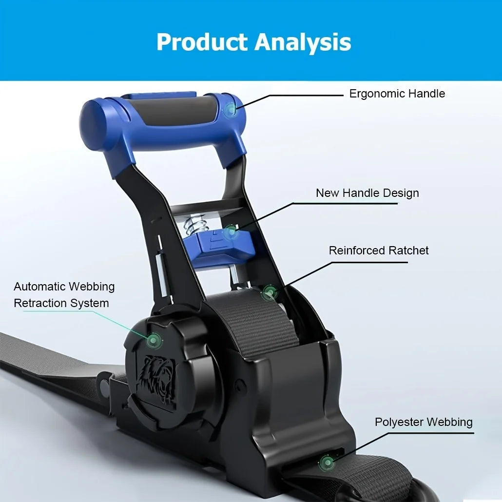 A close-up view of a black and blue retractable ratchet tie-down strap with an ergonomic handle and polyester webbing.