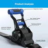 A close-up view of a black and blue retractable ratchet tie-down strap with an ergonomic handle and polyester webbing.