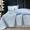 Light blue quilted bedspread with a textured pattern draped over a bed, next to a small white dog.