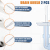 Drain brush set includes a soft top, convenient handle, and stiff bristles for cleaning pipes.