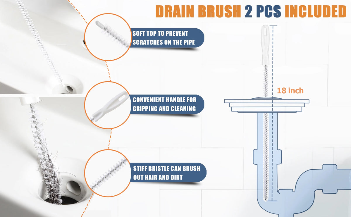 Drain brush set includes a soft top, convenient handle, and stiff bristles for cleaning pipes.