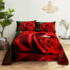 A close-up of a red rose digital print bedding set featuring realistic roses on a dark background.