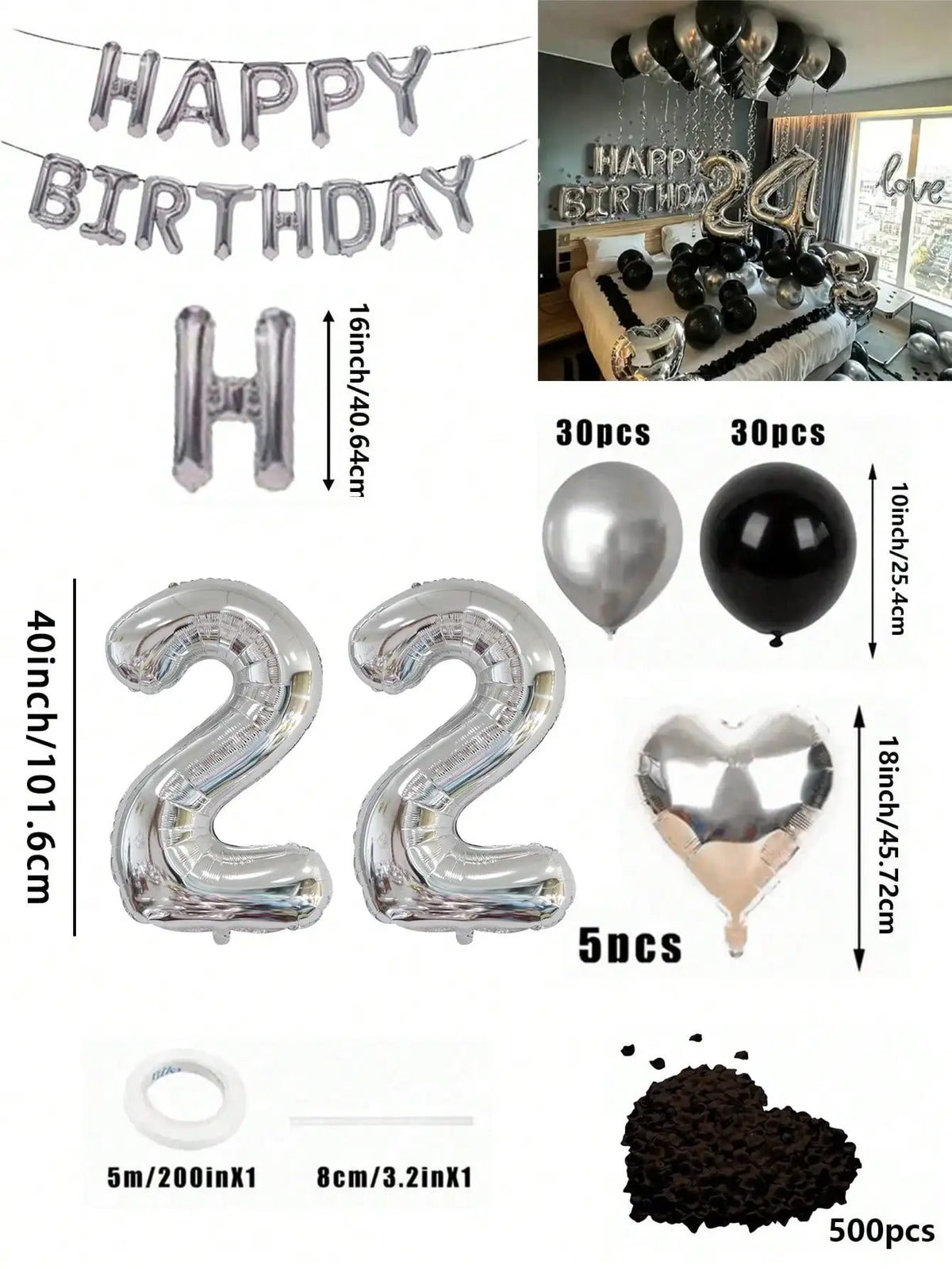 A kit for a balloon garland featuring silver and black foil numbers and decorative balloons.