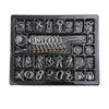 A black plastic puzzle set containing various metal wire puzzles and brain teasers.