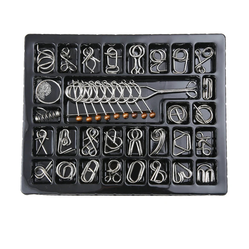 A black plastic puzzle set containing various metal wire puzzles and brain teasers.