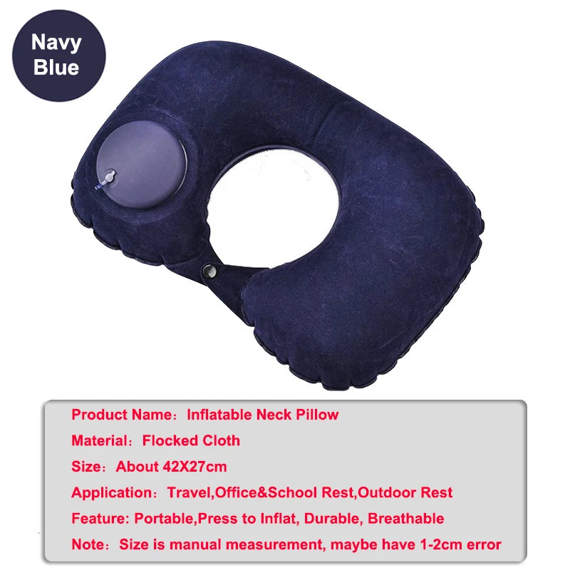 Navy blue inflatable U-shaped neck pillow made of flocked cloth for travel and rest