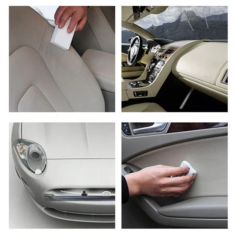 Close-up shots show melamine sponge cleaning erasers being used to wipe down car interiors and exterior surfaces.