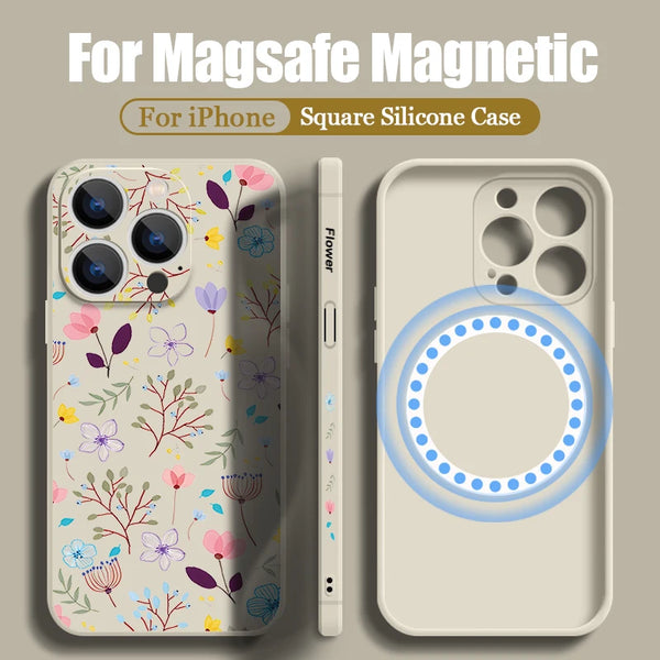 Blümiges Druck-Silikon-Hülle für iPhone, gezeigt mit dem Telefon und einem magnetischen Zubehör.