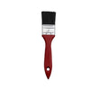 A red paint brush with a black bristled brush and a plastic handle.