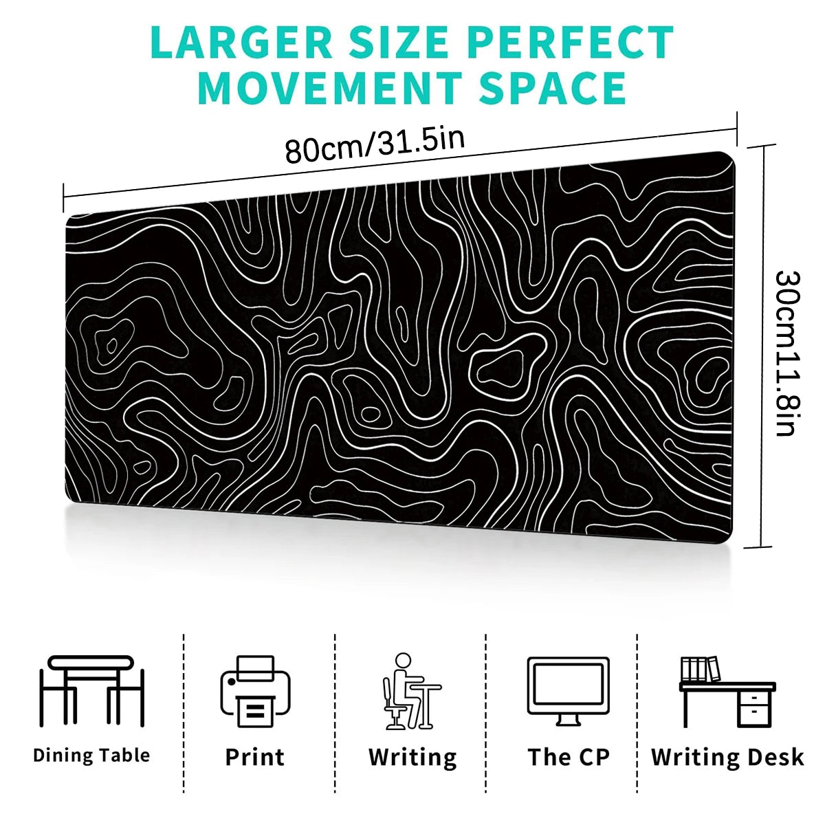 Black topographic map size mouse pad with anti-slip base and various desk items