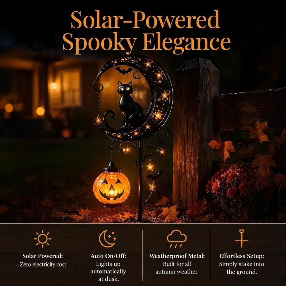 Solar-powered spooky elegance featuring a black cat and pumpkin garden stake light.