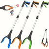 A set of three heavy-duty reacher grabbers in blue, orange, and green with rotating clamps.