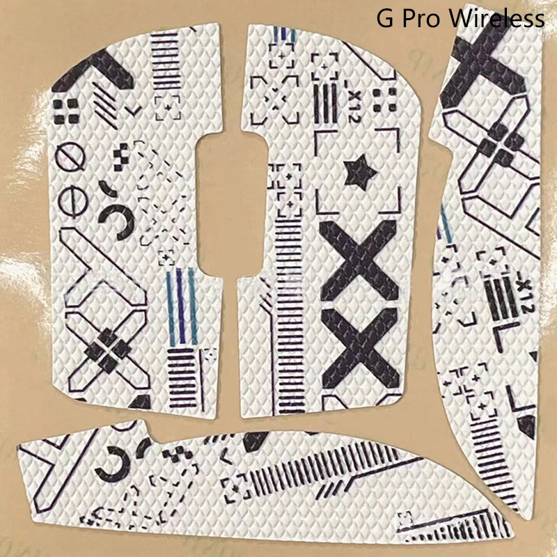 A close-up view of a G Pro Wireless mouse grip tape featuring a patterned design for enhanced control.