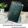 A digital LCD writing tablet displaying colorful drawings and numbers on a marble surface.
