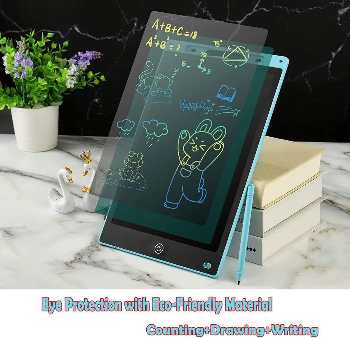 A digital LCD writing tablet displaying colorful drawings and numbers on a marble surface.