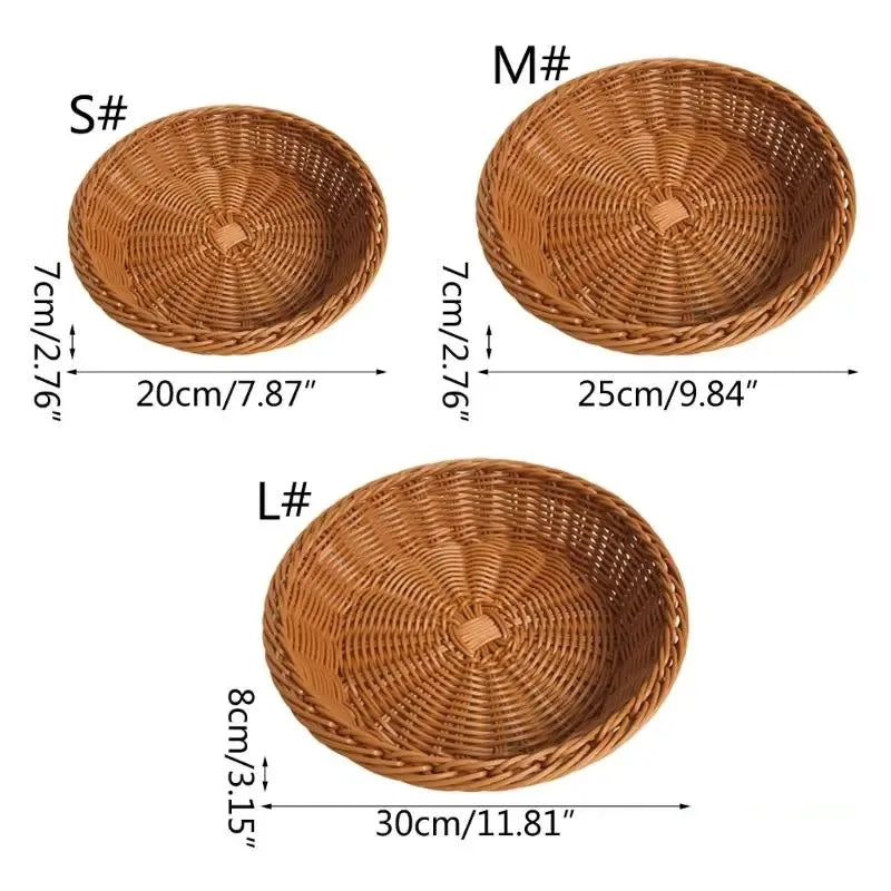 Three sizes of handwoven wicker serving baskets labeled S, M, and L with dimensions provided.