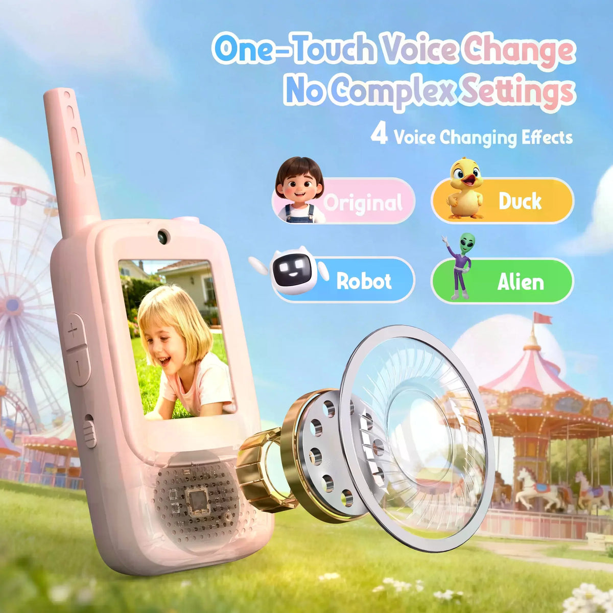 Pink kids video walkie talkie toy with a camera and various voice changing effects