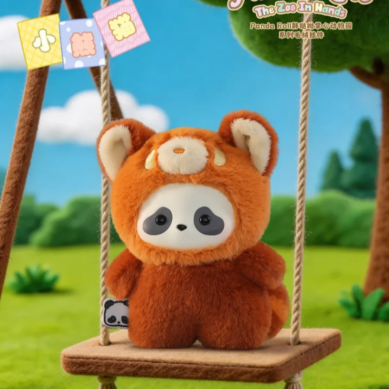 An adorable orange panda plush toy hanging in a wooden swing against a bright green outdoor background.