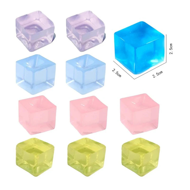 A set of colorful squishy ice cube fidget toys in various shades including purple, blue, pink, and yellow.
