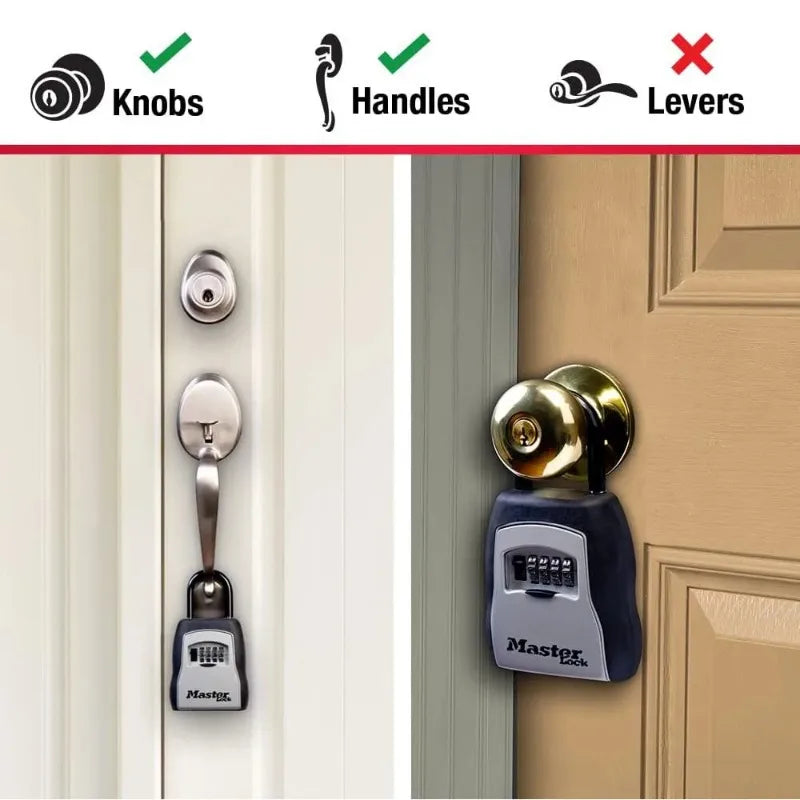 A close-up view of a portable combination key safe with a weather-resistant metal body installed on a door.