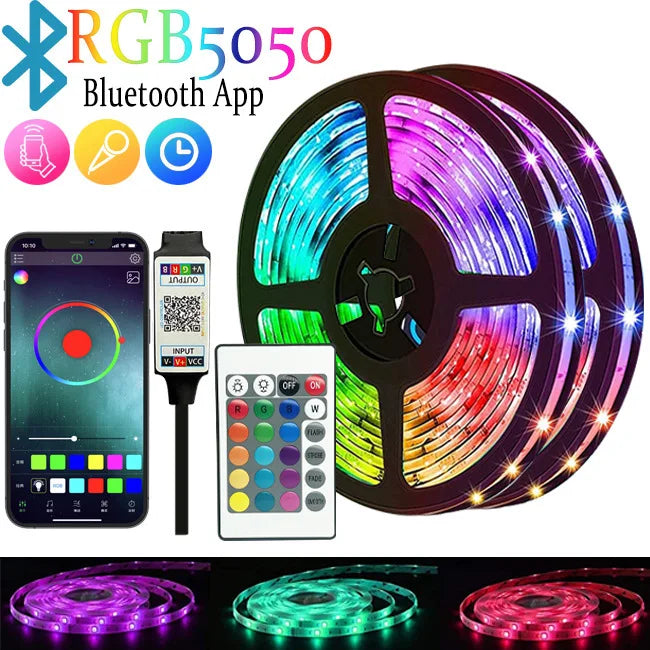 لوحة إضاءة شريط LED دائرية RGB مع تطبيق بلوتوث وجهاز تحكم.
