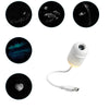 A set of five celestial images showing different views of the night sky and a white projector with a cord.