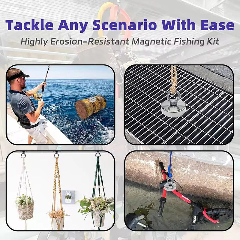 Magnetisches Angelset mit Haken und Köderfischen in verschiedenen Kontexten wie Wasser, einem Gitter und am Boden.