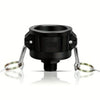 Black IBC tote drain adapter with a 2-inch camlock to a 3/4-inch garden hose fitting