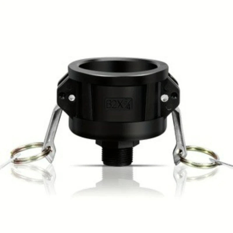 Black IBC tote drain adapter with a 2-inch camlock to a 3/4-inch garden hose fitting