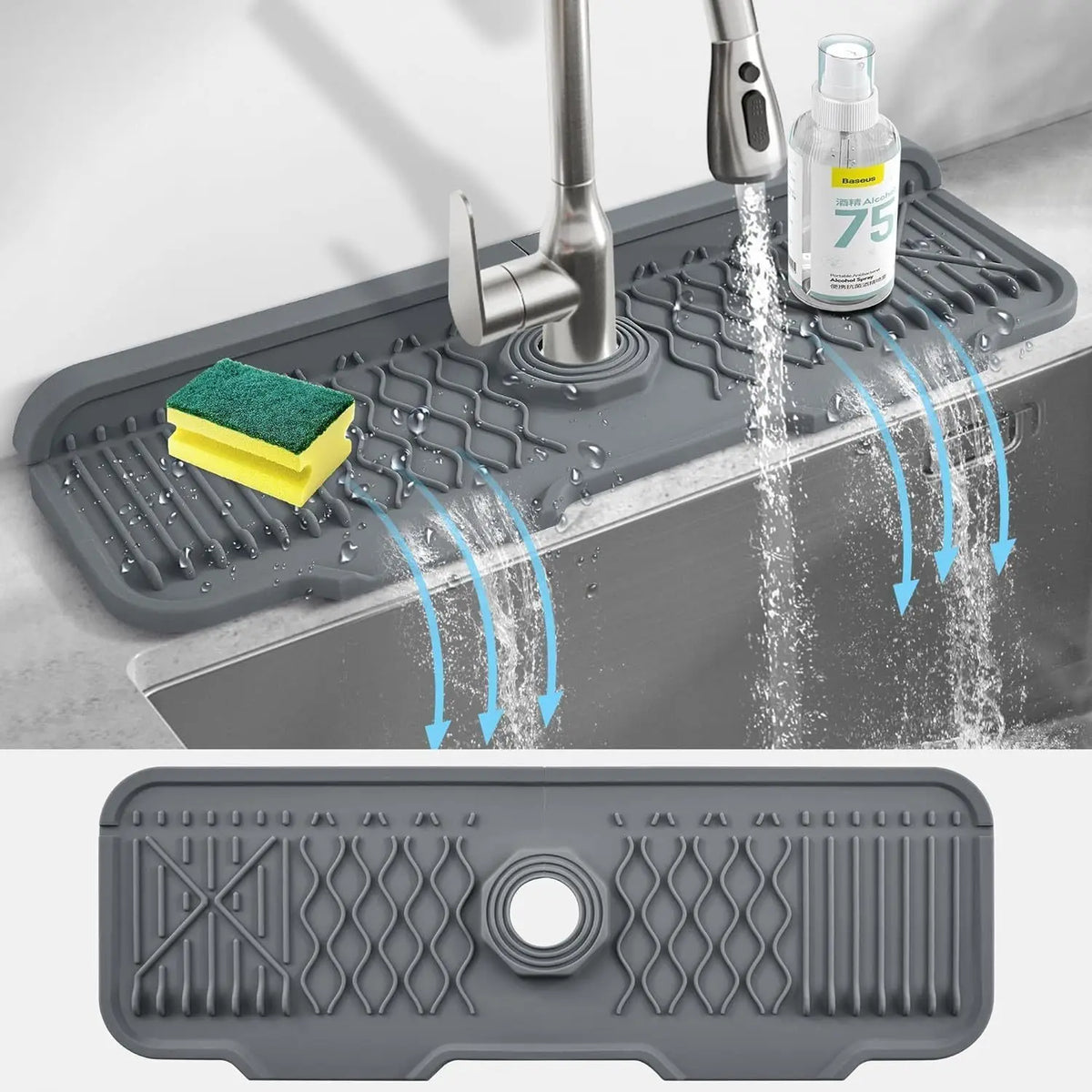 A silicone faucet splash guard is shown spraying water from a kitchen faucet onto a dish rack.