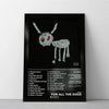 Black and white line art print of a dog face with ears and glowing eyes on a canvas