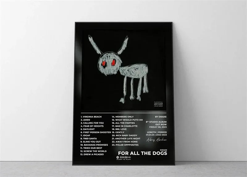 Black and white line art print of a dog face with ears and glowing eyes on a canvas