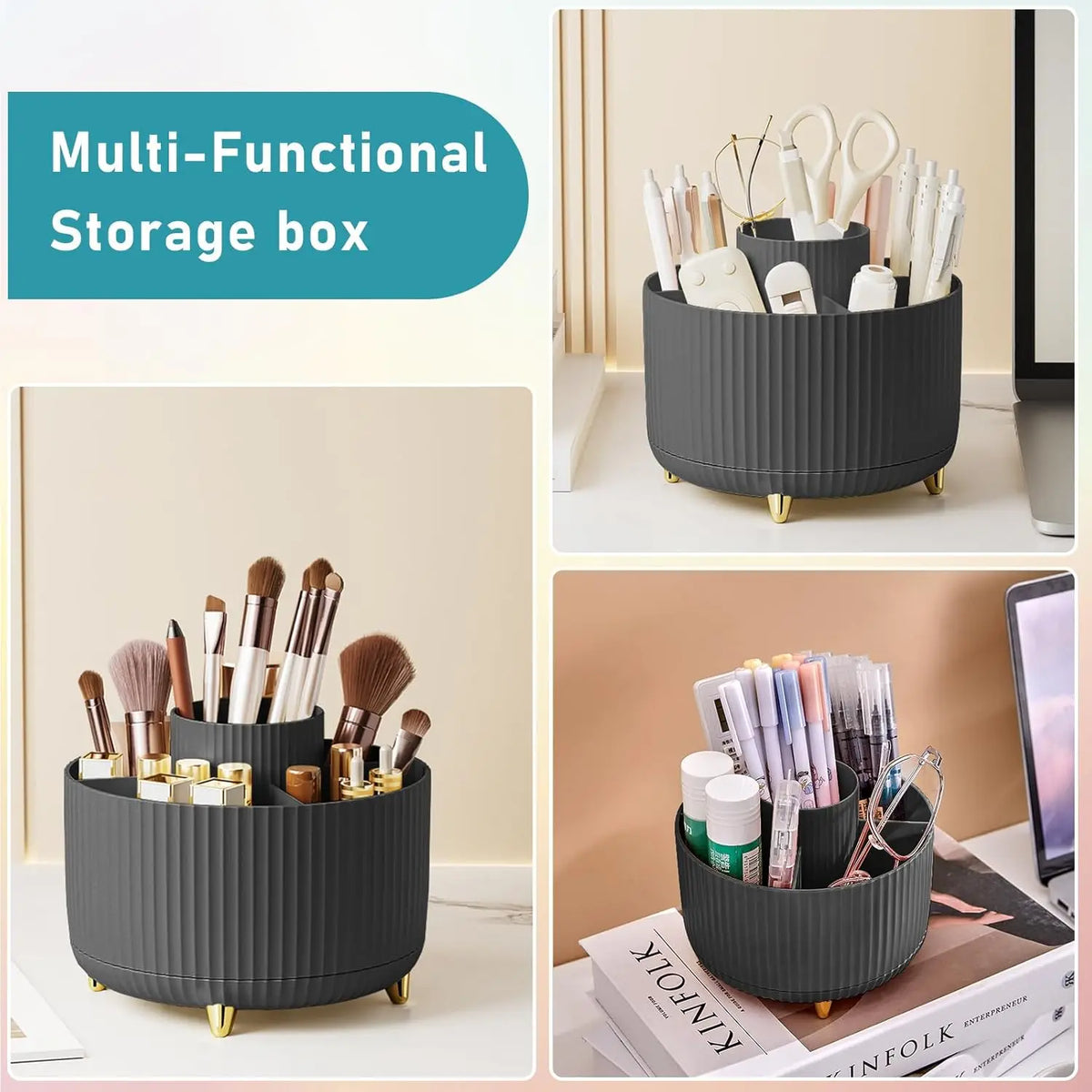 A black multi-functional storage box for makeup brushes and tools with a rotating lid.