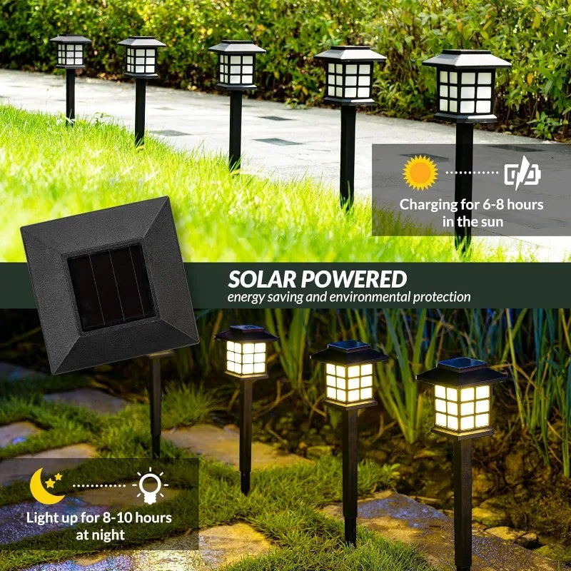 Un jeu de deux lumières solaires éclairant un chemin de jardin la nuit.