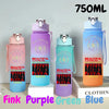 A set of five 750ml portable sports water bottles in pink, purple, green, and blue colors displayed on a white surface.
