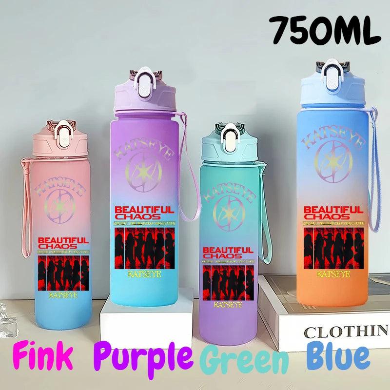 A set of five 750ml portable sports water bottles in pink, purple, green, and blue colors displayed on a white surface.
