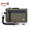 A dark olive green RFID-blocking travel wallet with a black carabiner clip and lanyard.