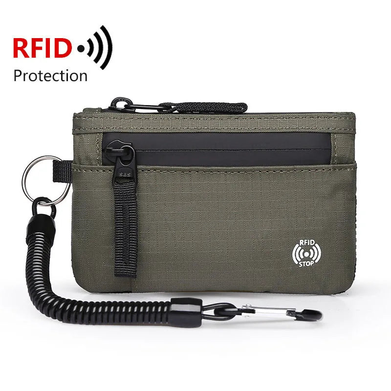 A dark olive green RFID-blocking travel wallet with a black carabiner clip and lanyard.