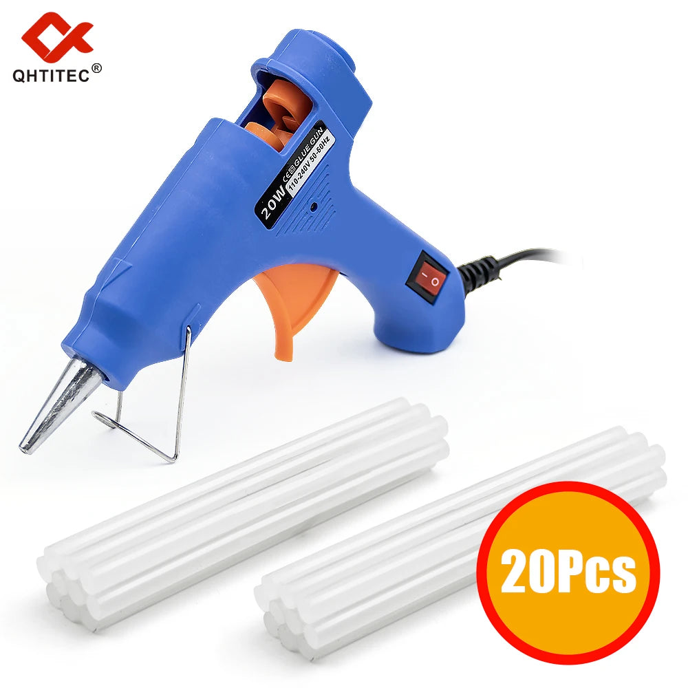 Blue hot melt glue gun and twenty white glue sticks for crafting