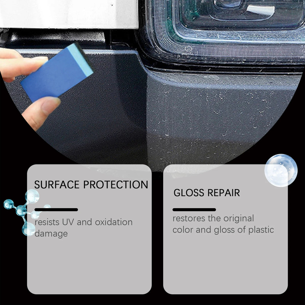 A hand holds a blue plastic protector against a dark surface, illustrating surface protection and gloss repair features.