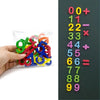A hand holds a clear bag of colorful magnetic alphabet numbers arranged in a vertical sequence.