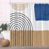 A fabric shower curtain featuring geometric patterns in black, white, and blue tones.