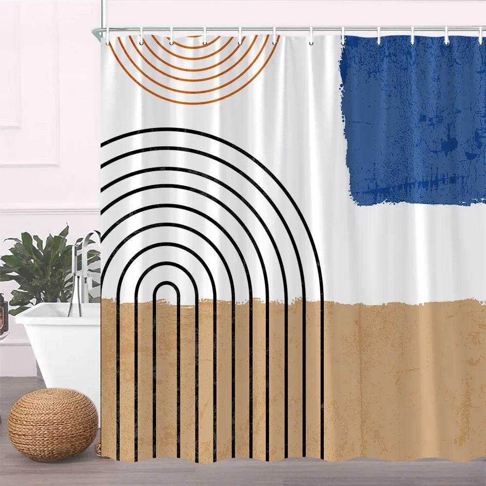 A fabric shower curtain featuring geometric patterns in black, white, and blue tones.